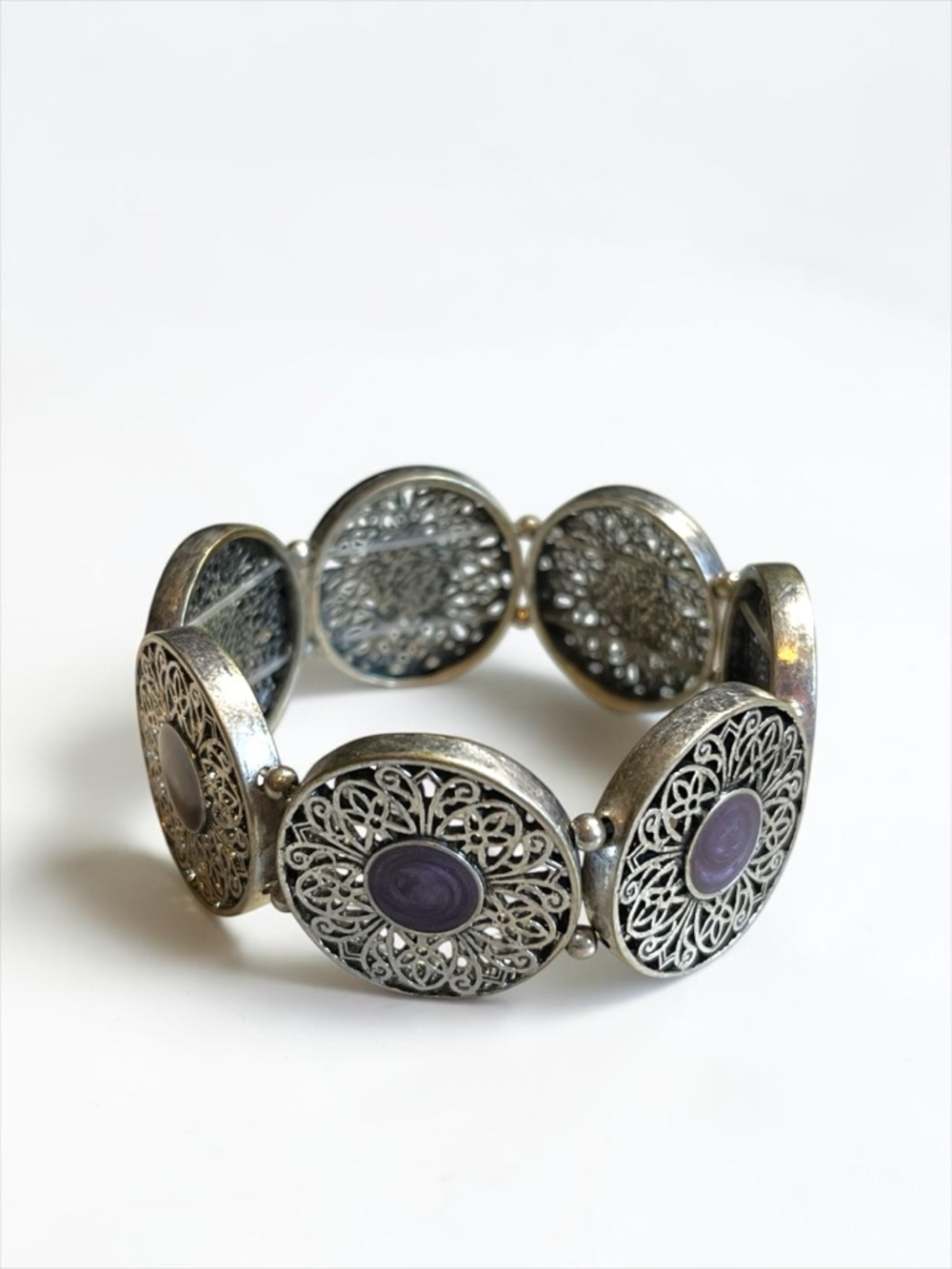 🍭5 for $20🍭 Silver Tone Purple Swirl Enamel Disk Stretch Bracelet CC O